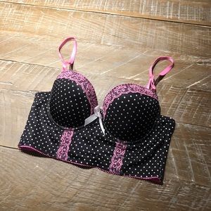 Sexy Lingerie Bra Top 34C Black with white polka dot and pink lace trim